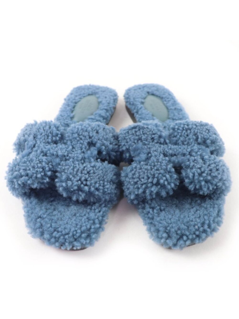 Hermes Oran Shearling Leather Mules Flat Sandals Blue - Picture 4 of 10